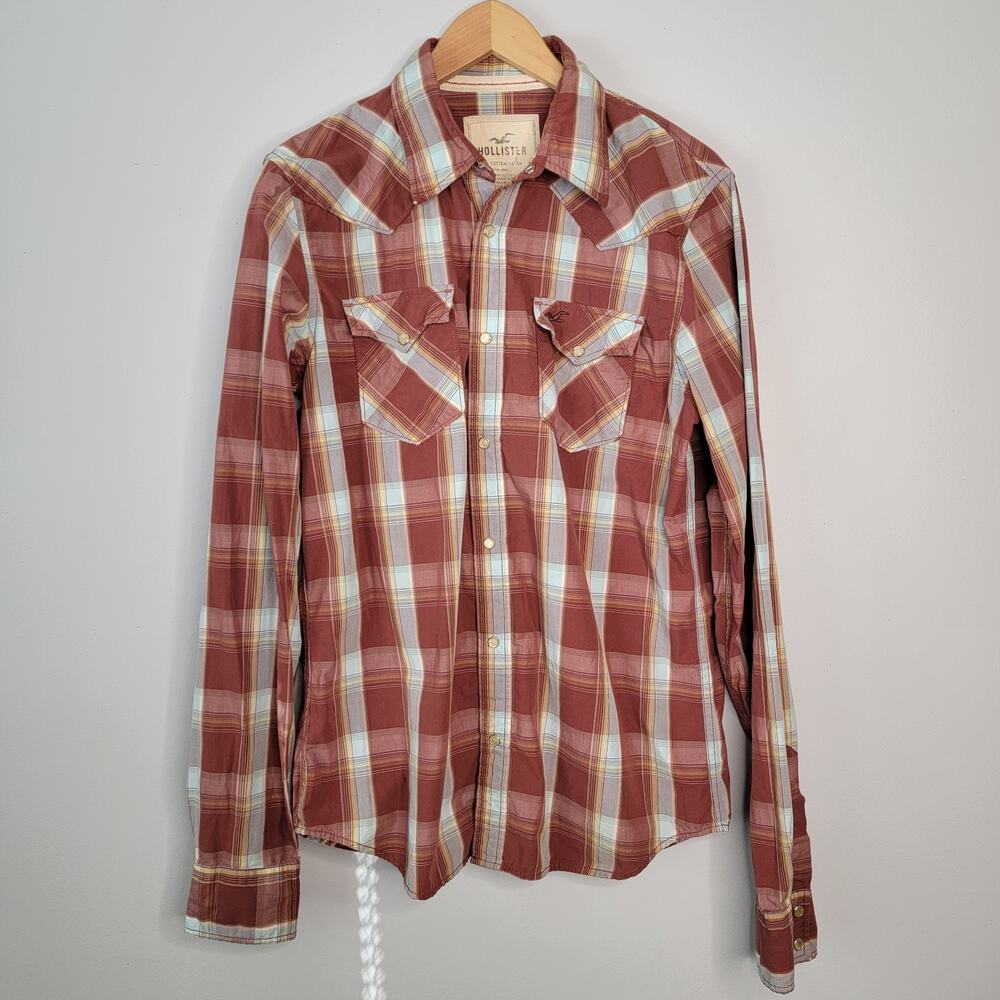 Hollister Plaid Pearl Snap Rust Orange Shirt Mens L 100% Cotton Western Cowboy